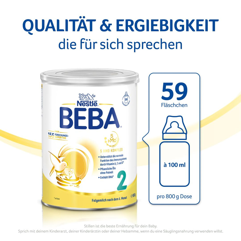 BEBA 2 - Follow-on milk after 6 months, with 5 HMO complex, age-appropriate protein content, lactose-free, palm oil-free, fish oil-free, baby food, baby milk powder, pack of 3 (3 x 800g)