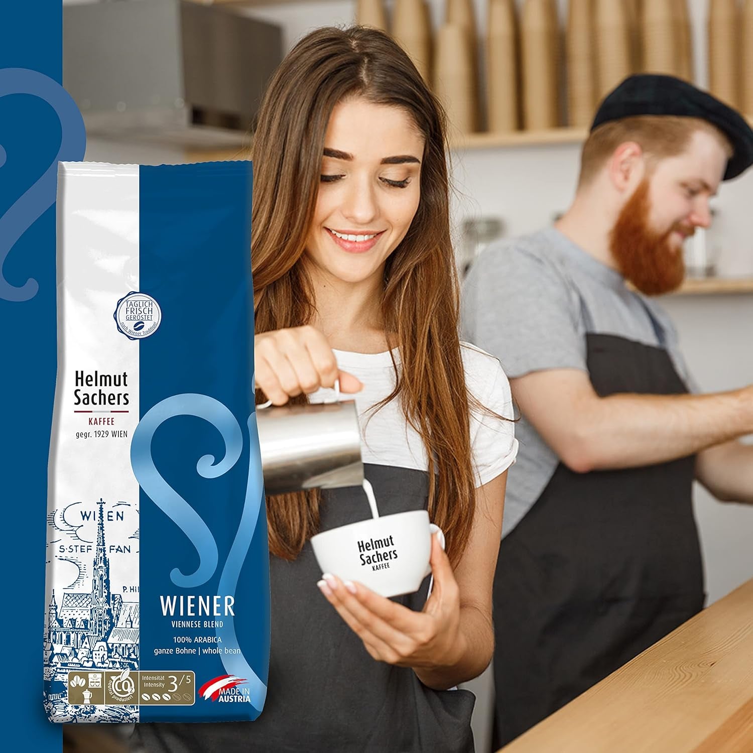 Helmut Sachers Kaffee - Wiener Mischung, Wiener Melange Kaffee aus erstklassigen Hochland Arabica Bohnen, nachhaltig geröstet in Österreich - ganze Kaffeebohnen, 500g