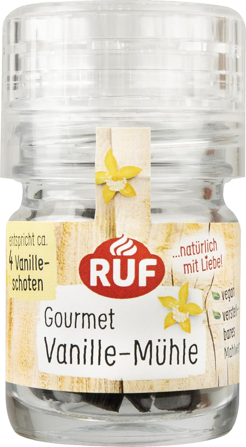 RUF Bio Bourbon Vanille-Mühle, Gewürz-Mühle aus aroma-sicherem Glas, Vegan, Verstellbares Mühlwerk, Vanilleschoten zum Backen und Kochen, 1 x 7.5 g
