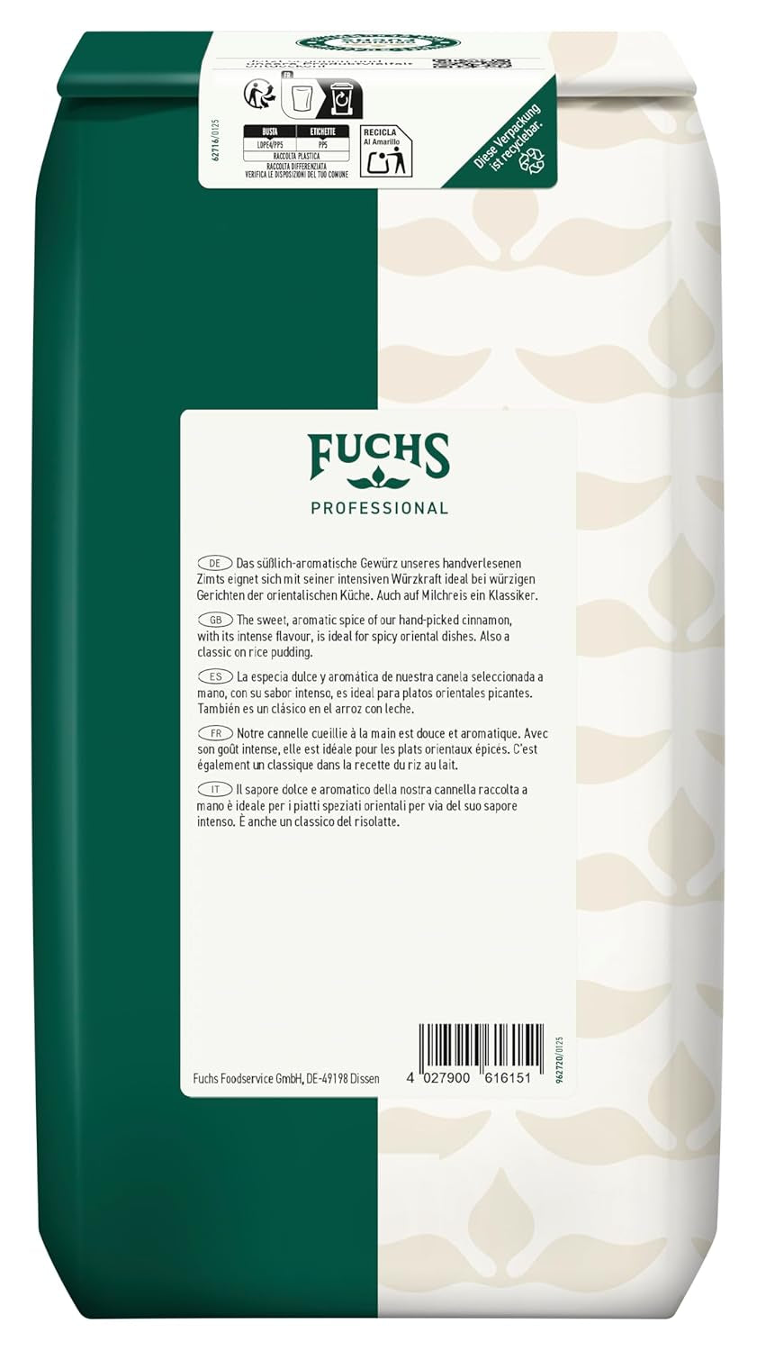 Fuchs Professional - Zimt gemahlen | Zum Würzen von süßen und würzigen Gerichten | Profi-Qualität für Großverbraucher und Gastronomie | 1 kg im recyclable bag