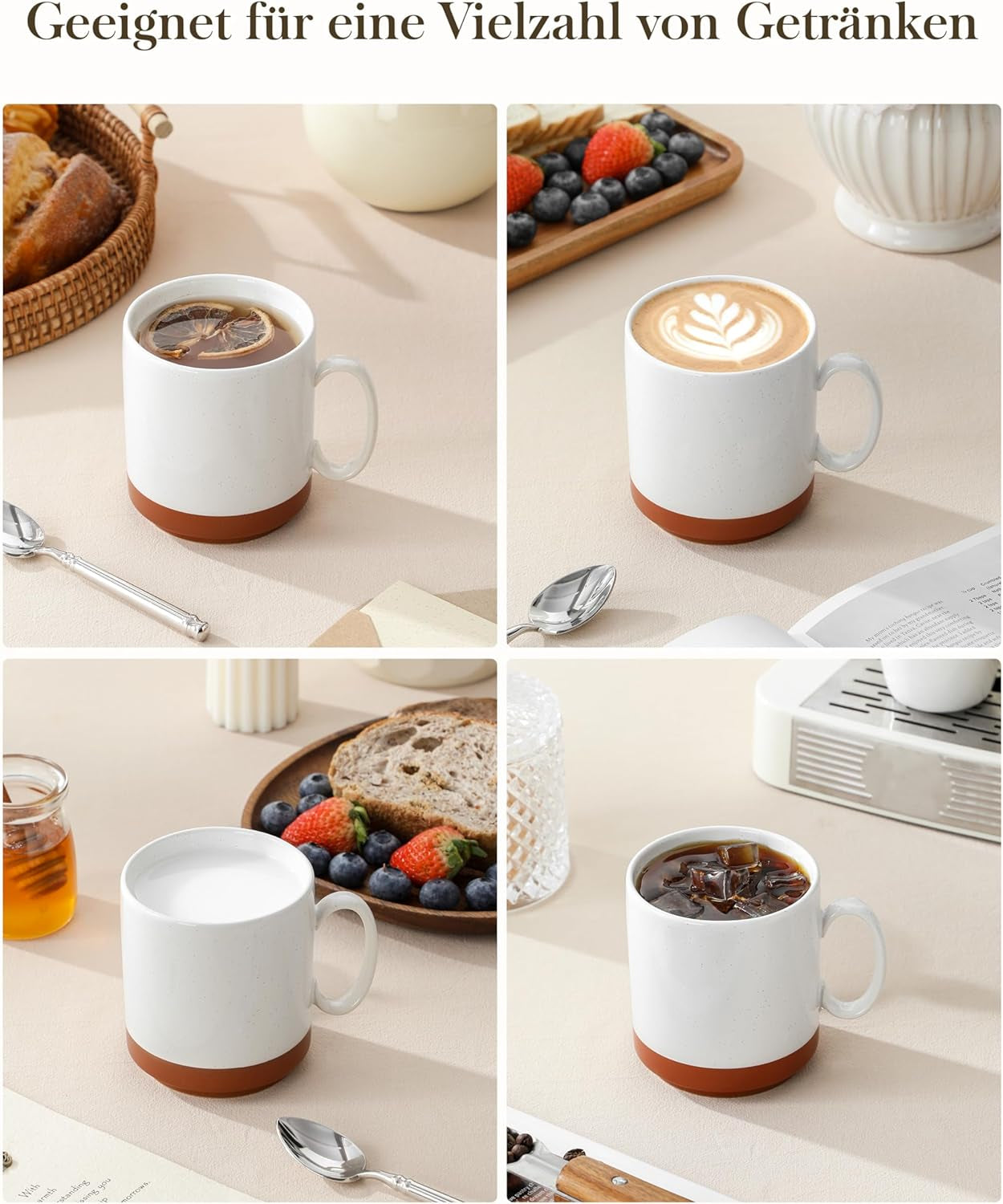 Set de căni de cafea MALACASA, set de cești din gresie 350 ml pentru 4 persoane, cești de cafea moderne pentru ceai, suc, latte, cappuccino, ciocolată caldă. Se poate spăla în mașina de spălat vase și la cuptorul cu microunde, seria TARA, alb kaki