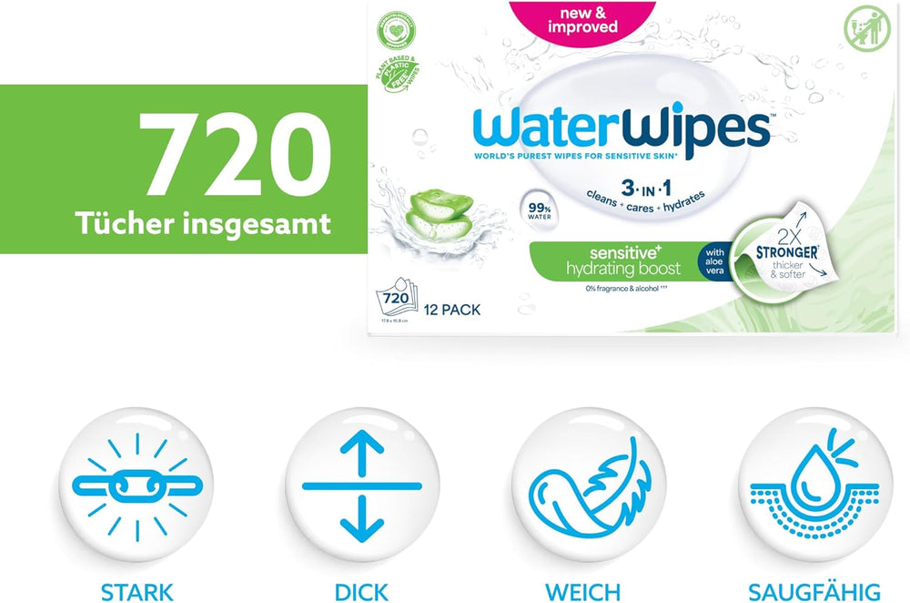 WaterWipes Sensitive+ Hydrating Boost Wet Wipes, Hydrating Wipes, 720 Count (12 Pack), 3 in 1 Clean, Care, Hydrate, 99% Aloe Vera Water, Unscented Baby Wipes