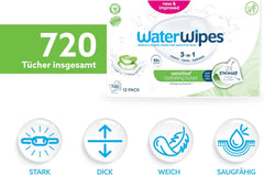 WaterWipes Sensitive+ Hydrating Boost Wet Wipes, Hydrating Wipes, 720 Count (12 Pack), 3 in 1 Clean, Care, Hydrate, 99% Aloe Vera Water, Unscented Baby Wipes
