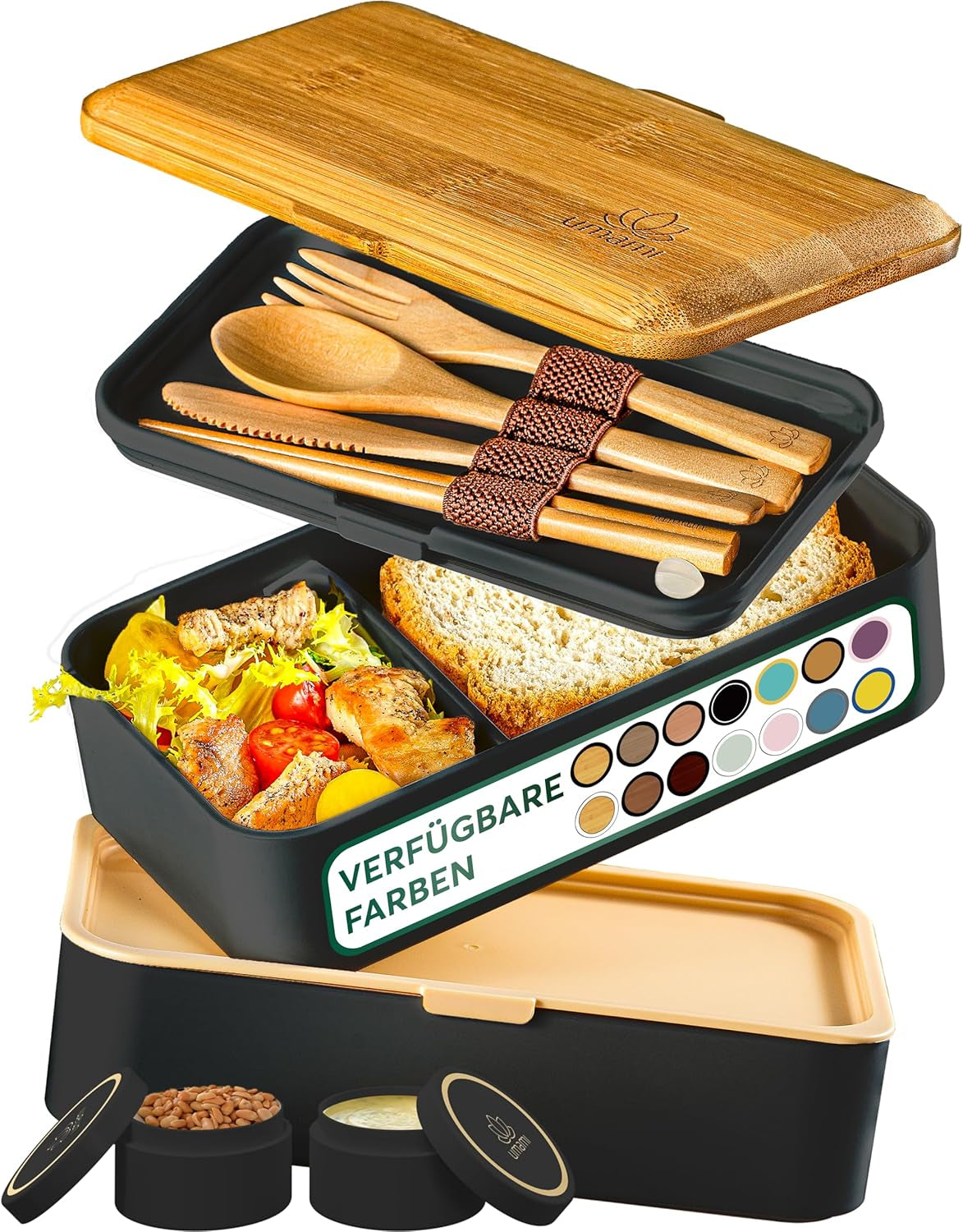 Cutie de prânz Umami pentru adulți, cutie bento stivuibilă etanșă cu 4 tacâmuri și compartimente, cutie de prânz pentru adulți, recipient pentru salată to-go, cutie de prânz pentru picnic / birou, gri cărbune, 1500 ml Cutii depozitare alimente Naty Shop Negru Tan L - 1200 Ml