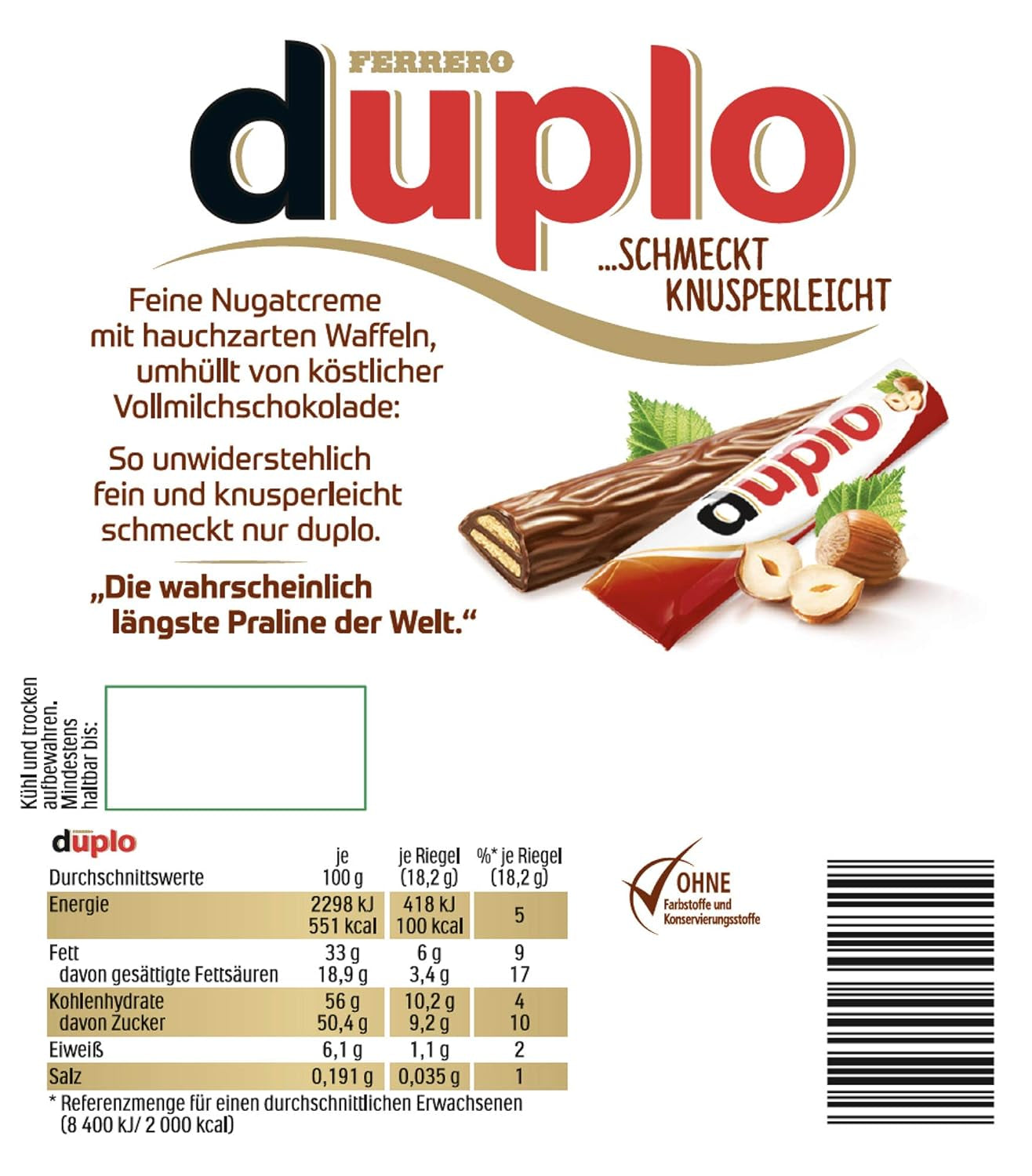 Ferrero duplo Large Pack - Chocolate Bars with Fine Nougat Creme, Crunchy Wafer and Fine Milk Chocolate - Carnival and Mardi Gras Sweets - 15 Packs of 18 Individually Wrapped Bars