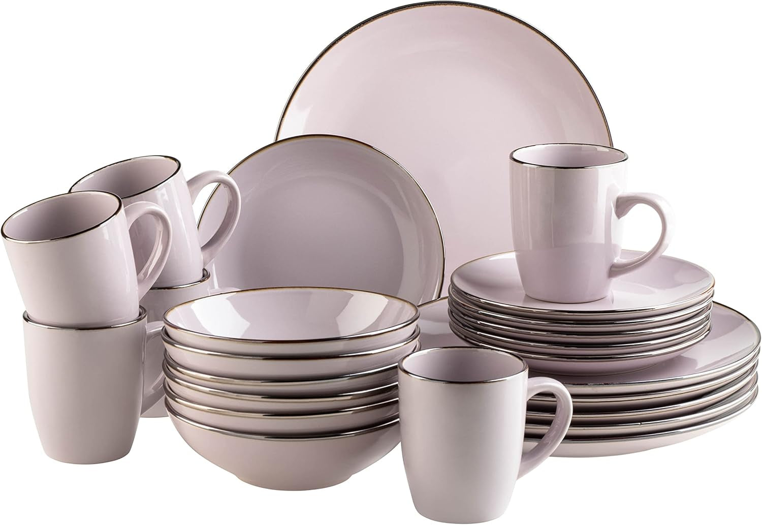 Set de veselă modern pentru 6 persoane cu margine de culoarea alamei, serviciu combinat format din 24 de piese cu forme de cupe fără ramă, lavandă