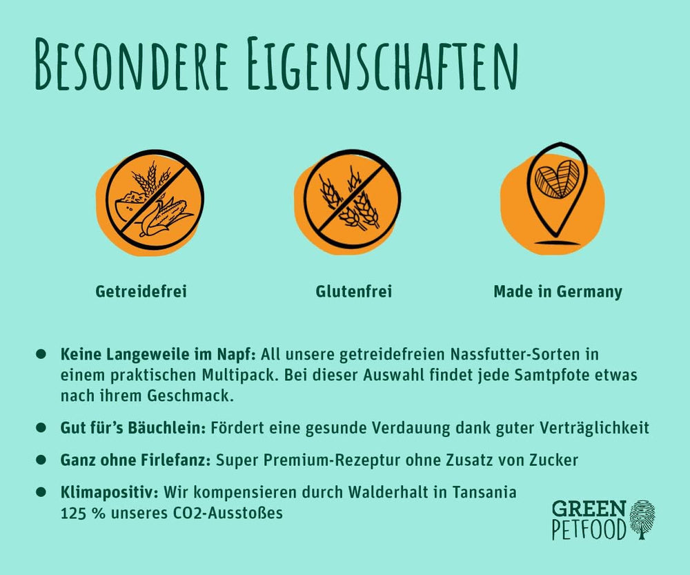 Green Petfood FairCat Multipack (6 x 85 g) | Adult | Premium Nassfutter für ausgewachsene Katzen | 6 verschiedenen leckere Sorten im Multipack | getreidefrei | Katzenfutter nass | 6er Pack