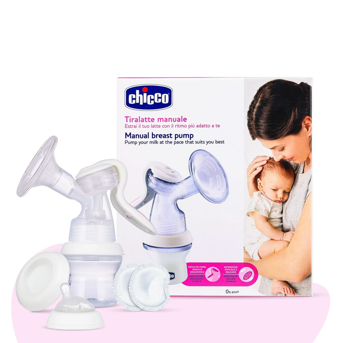 Chicco Natural Feeling manual pump, breast pump with inclined teat and hermetic cap, becomes a baby bottle - 150 ml Food and Breastfeeding Accessories Bebe Naty Shop Manual with silicone cup and ergonomic handle