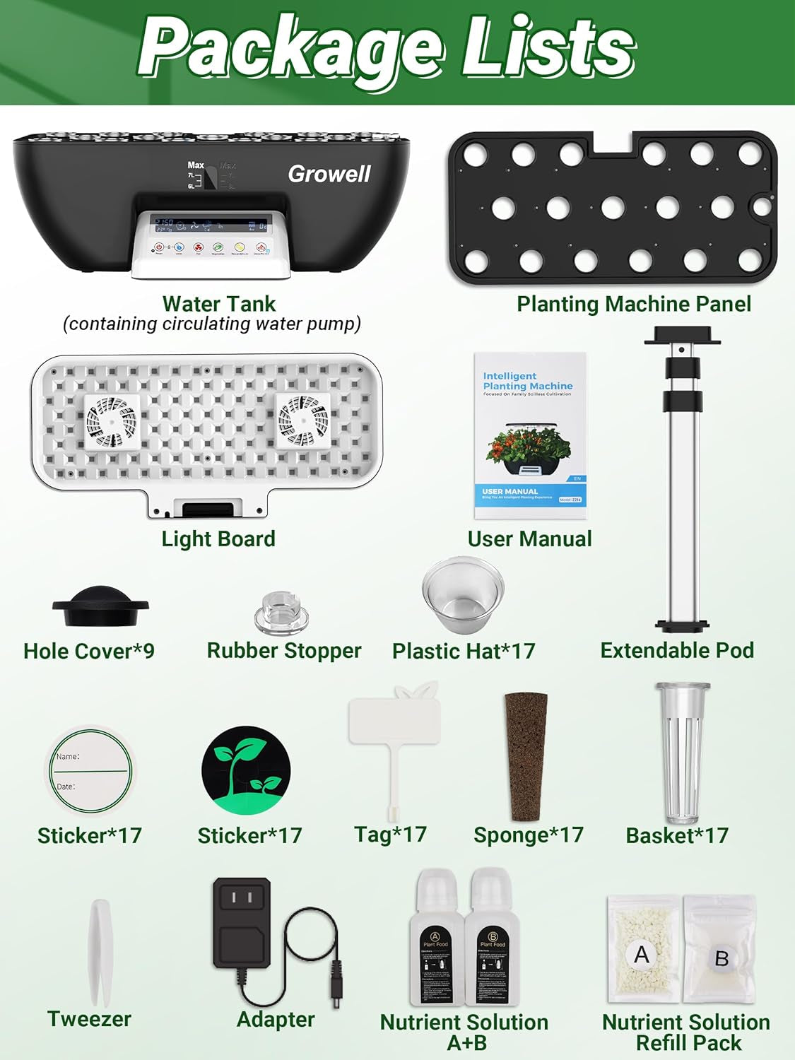 17 Capsules Hydroponics Kit for Herb Garden with 102 28W Full Spectrum Grow Lights and 2 Fans Indoor Garden with Water Pump Tank