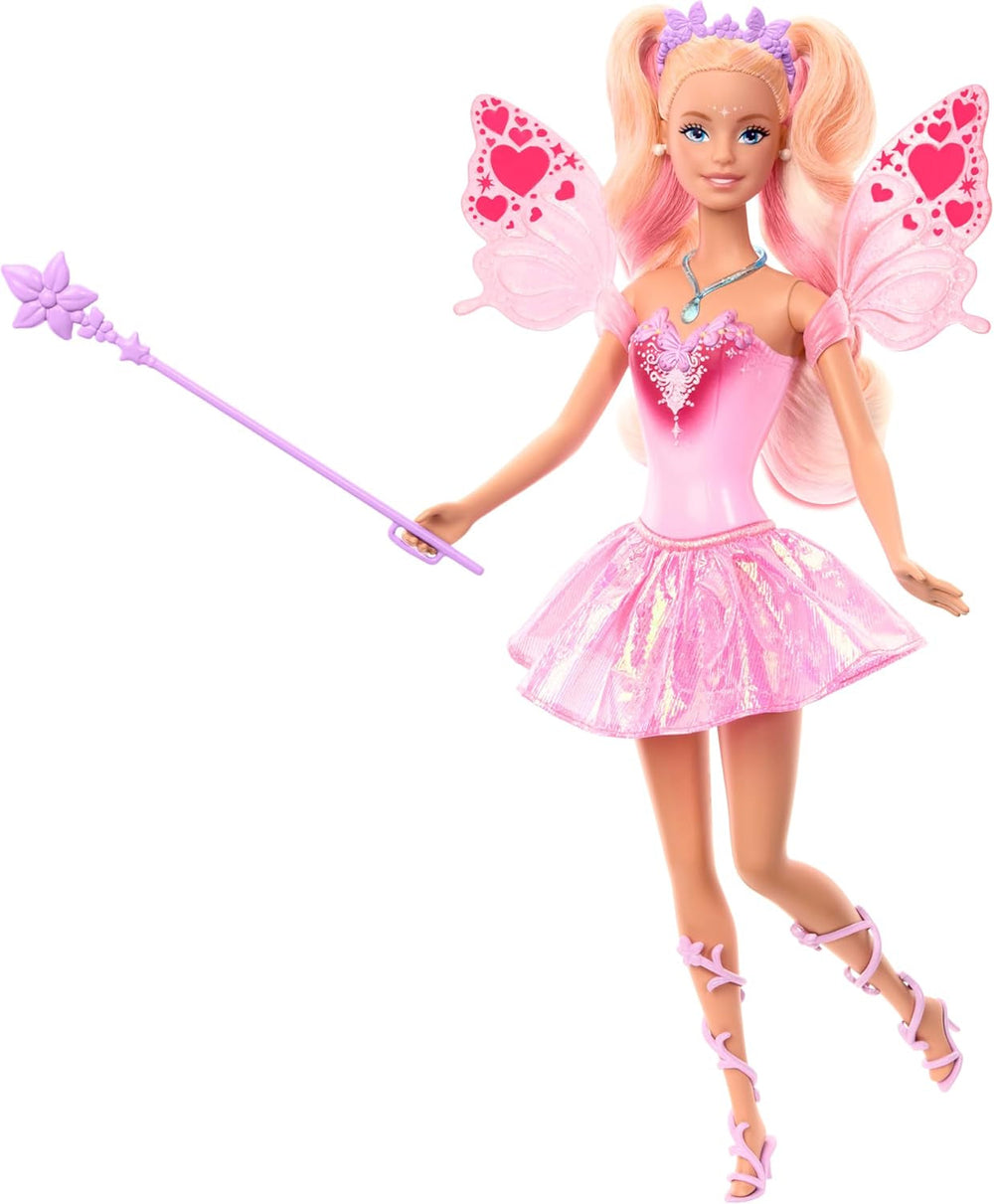 Mattel Barbie Doll Fairy cu baghetă de jucărie și accesorii de modă, temă fantastică cu aripi și ținută care își schimbă culoarea, JCP76, [Multicolor] Papusi Naty Shop Titlu implicit