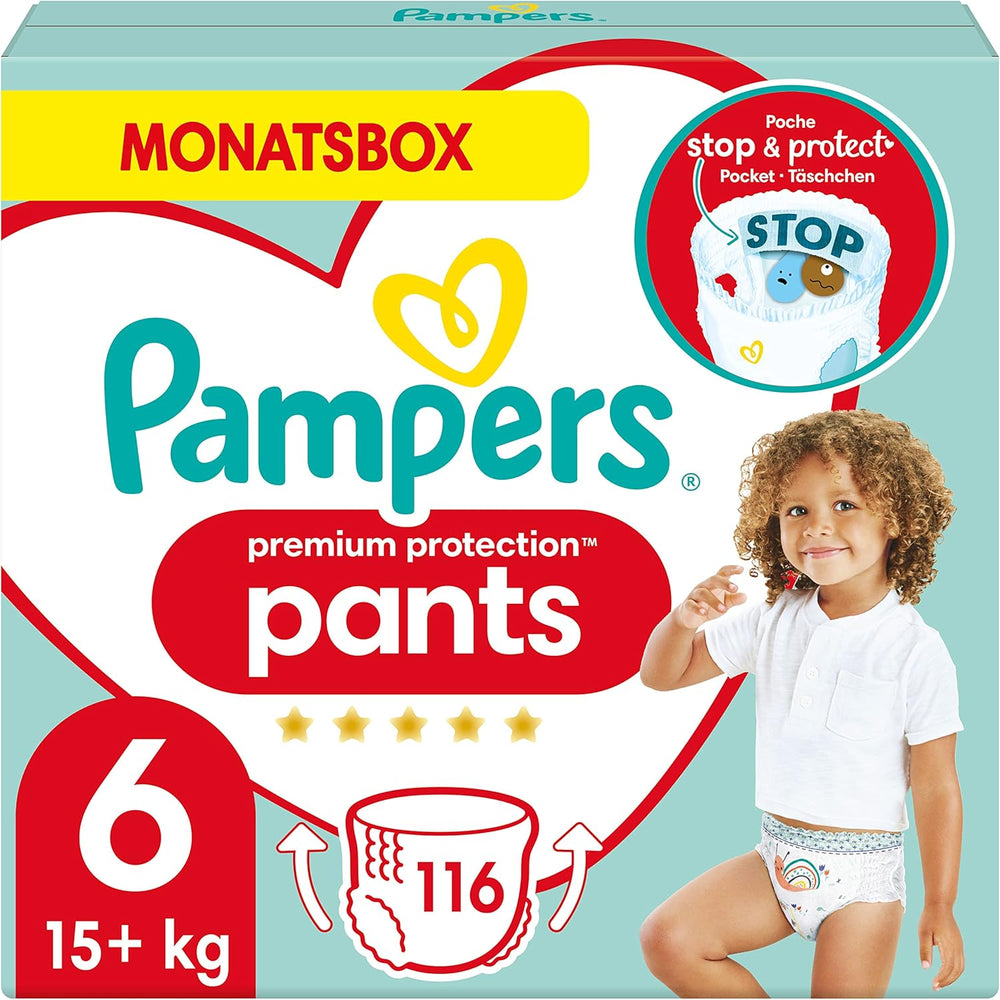 Pampers Premium Protection Pants Size 7, 123 Diapers, 15kg+, with 360° adjustment and soft anti-leak cuffs for optimal comfort and protection