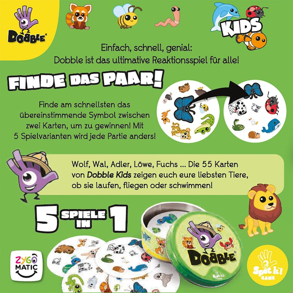 Zygomatic, Dobble Kids, Eco-Sleeves, Kids Game, Card Game, 2-8 Players, Ages 4+, 15 Minutes, German