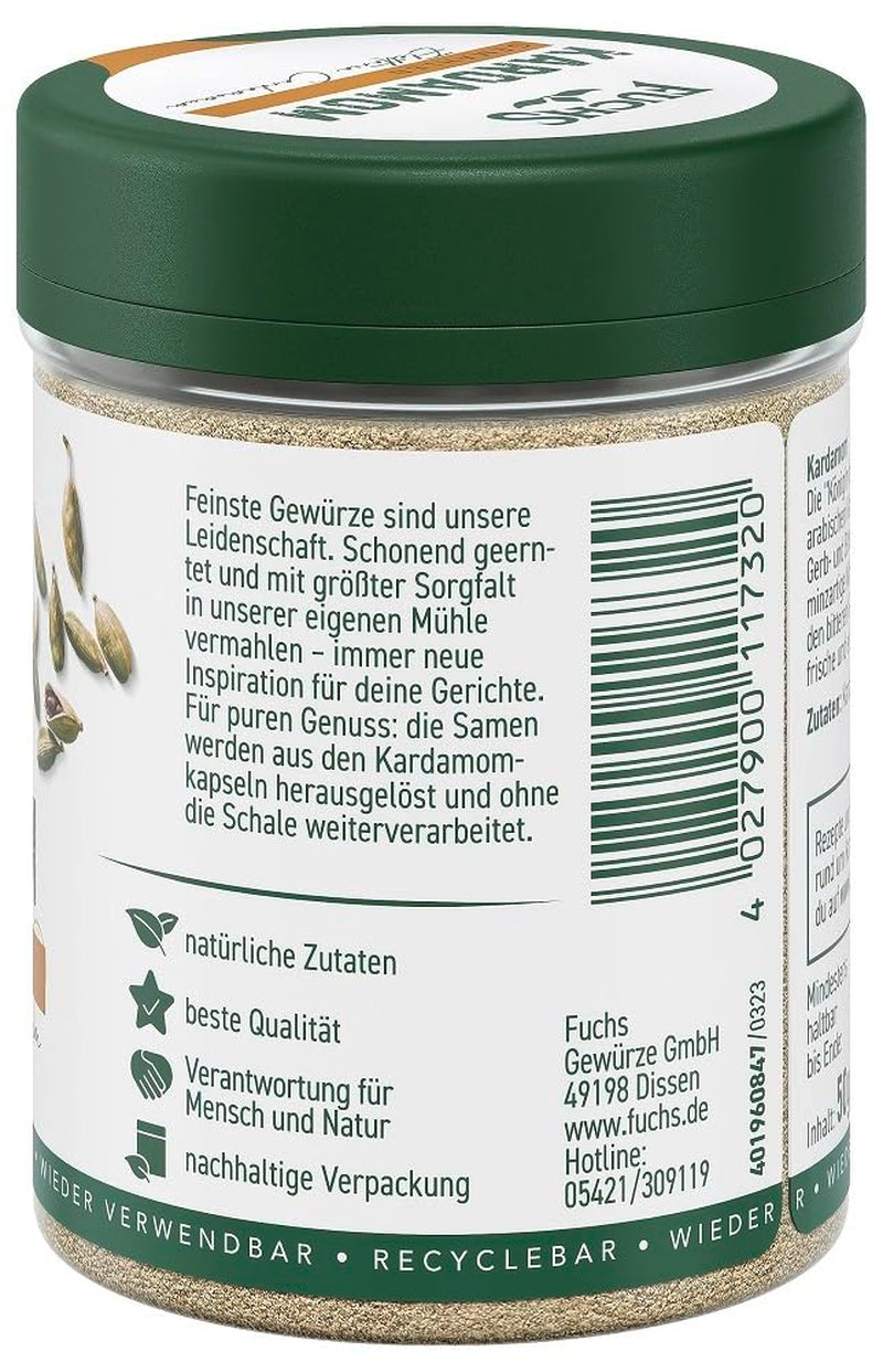 Fuchs Gewürze - Kardamom gemahlen - Gewürz für Glühwein oder Fleischgerichte wie Roastbeef oder Schweinebraten - natural ingredients - 50 g in wiederverwendbarer, recyclebarer Dose