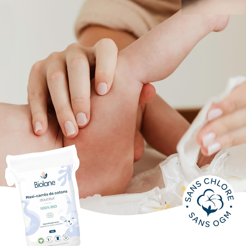 BIOLANE 12 Wet Maxi-Squares Pads - Babies - 100% Organic - 720 Cotton - for sensitive skin - Changing and Toiletry - from birth - made in France