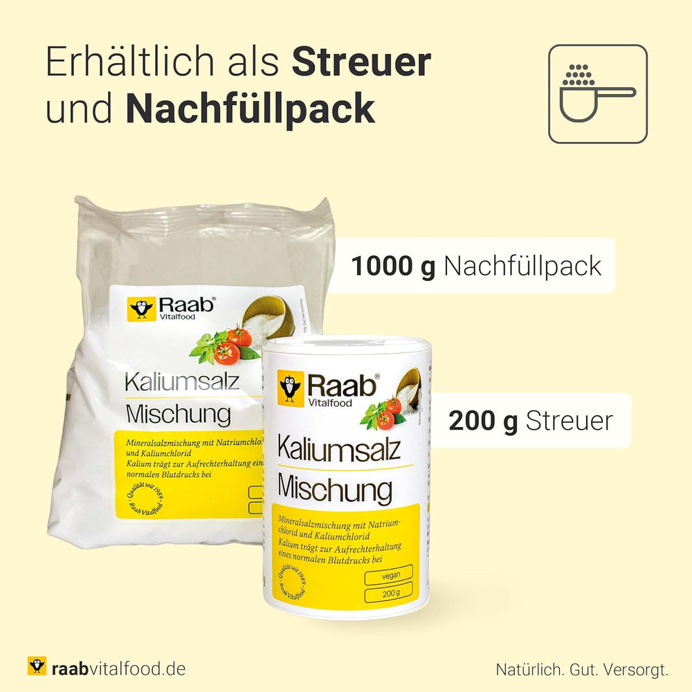 Raab Vitalfood Kalium salt-Mischung, Mineralsalzmischung mit 66.7% Natriumchlorid (Kochsalz) und 33% Kaliumchlorid, Kalium trägt zur Aufrechterhaltung eines normalen Blutdruck bei (1 x 200 g Dose)