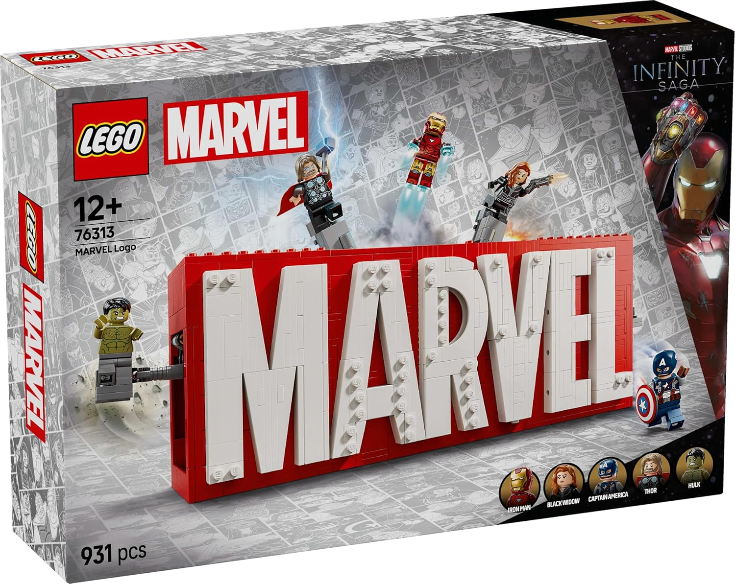 LEGO Marvel: Marvel logo and minifigures - Hulk, Thor, Iron Man, Black Widow and Captain America collection set - Avengers figure building set - Gift for boys and girls 12 years and up 76313 Building sets Beuche den LEGO-Store