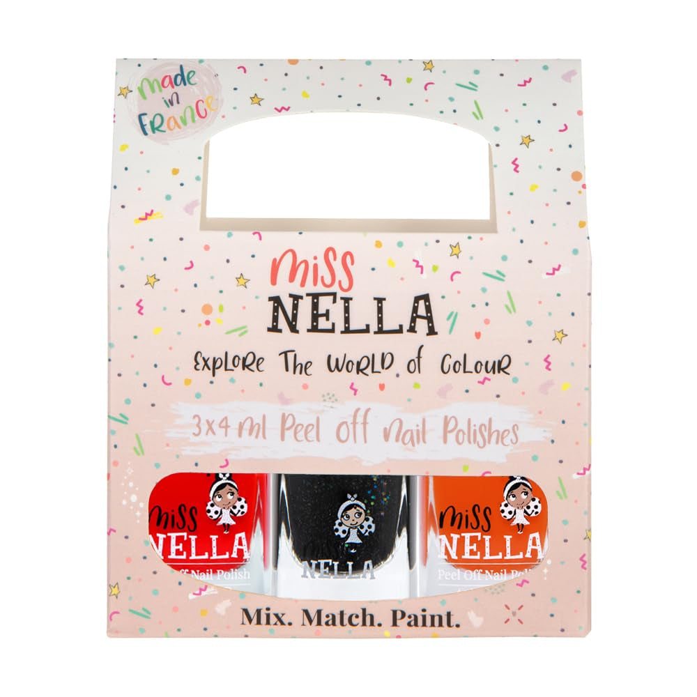 Miss Nella Magic Collection 4 Piece Glitter Nail Polish Set: Pink, Red, Gold and Blue, Kids Special Removable Nail Polish, Non-Toxic, Water-Based, Odorless