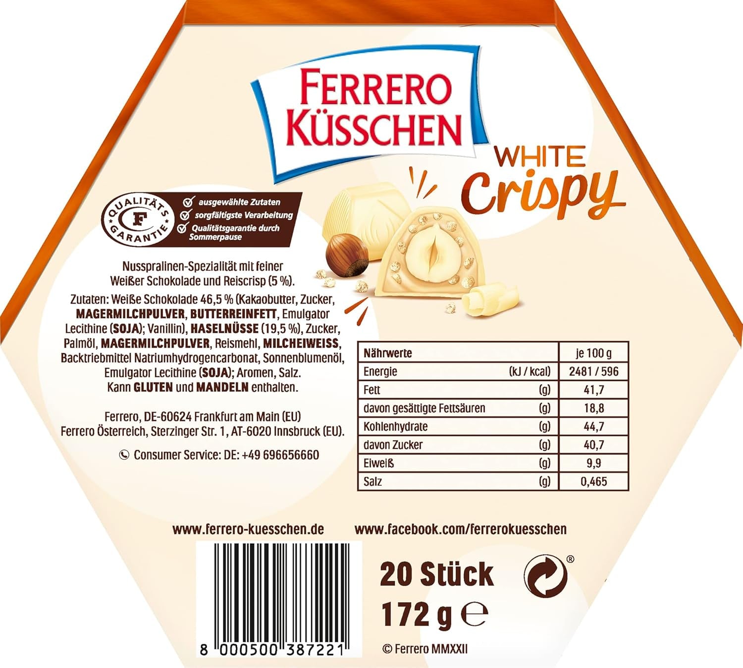 Ferrero Küsschen White Crispy - Valentine's Day gift for him and her - Crispy roasted hazelnuts in light cream with crispy chips, covered in white chocolate, 1 pack of 20 individual pralines