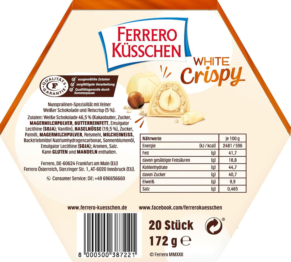 Ferrero Küsschen White Crispy - Valentine's Day gift for him and her - Crispy roasted hazelnuts in light cream with crispy chips, covered in white chocolate, 1 pack of 20 individual pralines