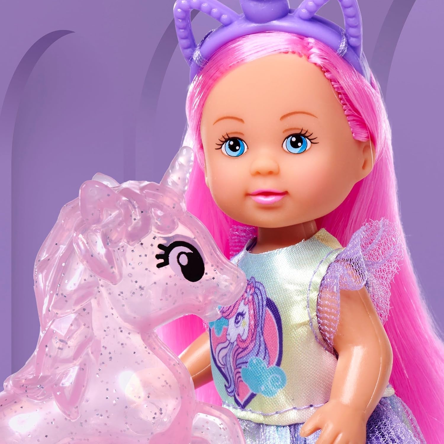 Simba Evi Love Unicorn, Spielpuppe trägt EIN süßes Einhornkleid mit passendem Haarreif, inkl. Einhorn mit Stall, Äpfeln und Trinkflasche, 12cm, ab 3 Jahren