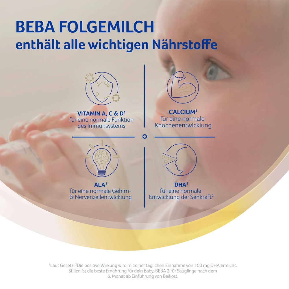 BEBA 2 - Follow-on milk after 6 months, with 5 HMO complex, age-appropriate protein content, lactose-free, palm oil-free, fish oil-free, baby food, baby milk powder, pack of 3 (3 x 800g)