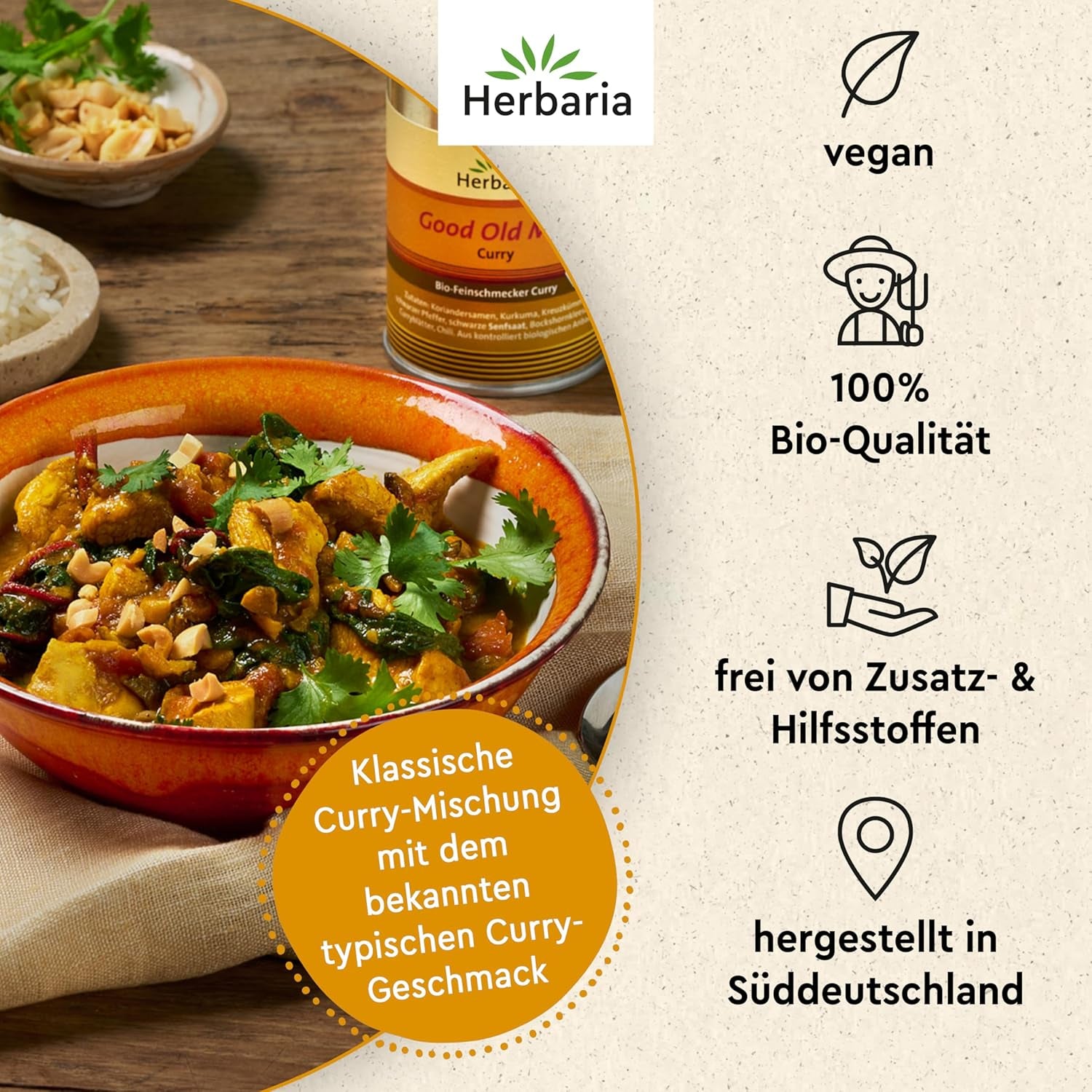 Herbaria Good Old Mild Curry bio 80g M-Dose – Currypulver, Currymischung - Bio-Gewürzmischung für klassische Curry-Spezialitäten z.B. Currywurst - erlesenen Ingredient in nachhaltiger Aromaschutz-Dose