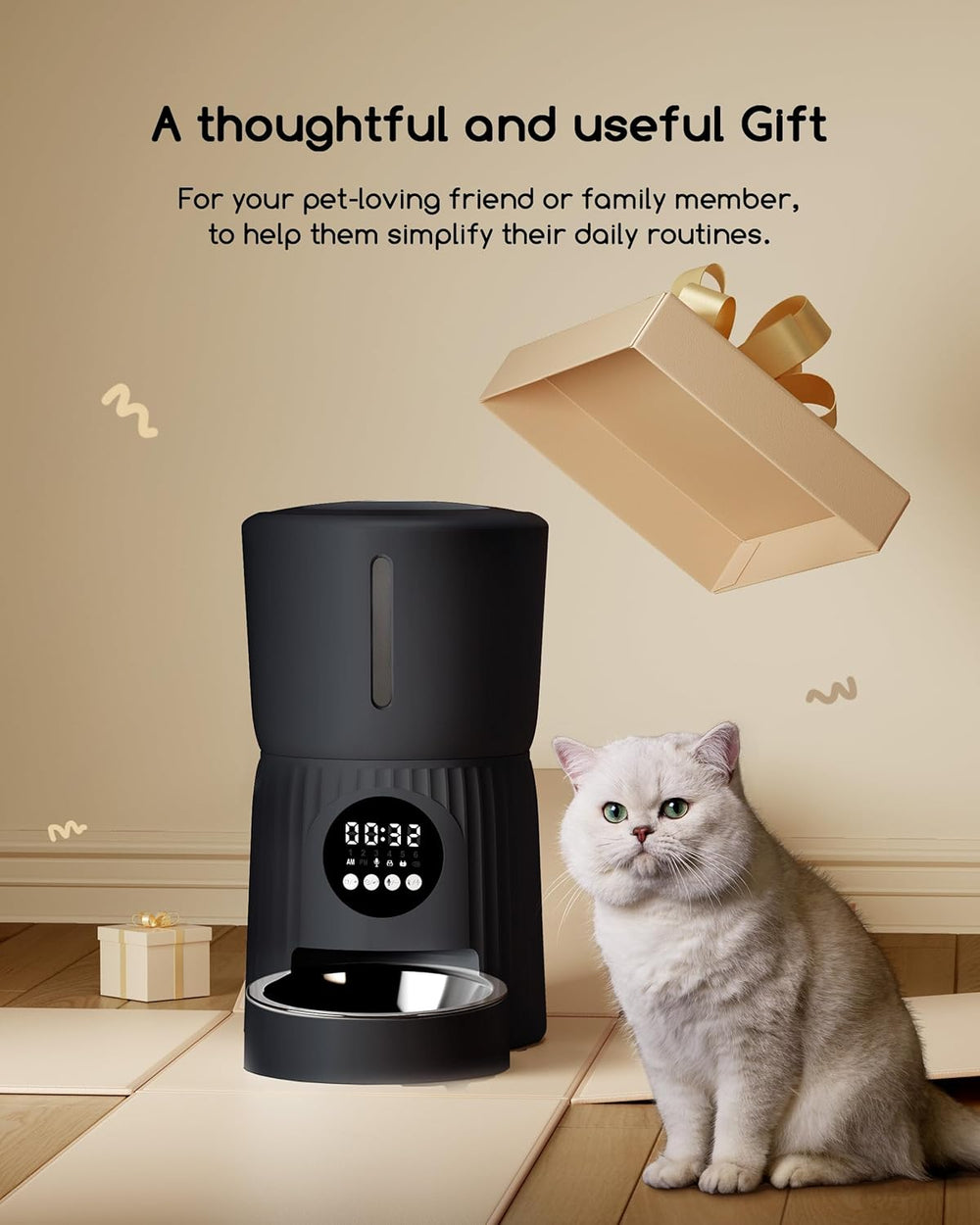 Faroro Futterautomat Katze, 4L Katzenfutter Automat, Futterspender Katze Mit 1–6 Mahlzeiten Per Tag, Portionskontrolle, 10s Sprache, Langsames Füttern (Schwarz)