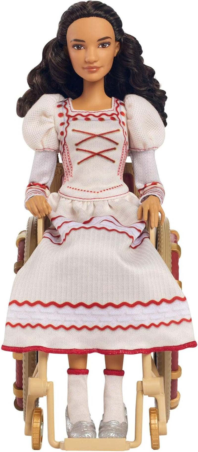 Păpușă de modă Mattel Wicked Nessarose și accesorii, inclusiv scaun cu rotile, cu păr creț castaniu, diverse poziții posibile și aspect de rochie de bal detașabilă, HXY36