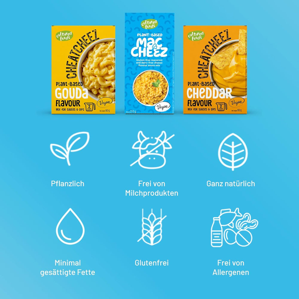 Cultured Foods Vegan 3-er Set Vegan Mac And Cheese, Gouda Sauce, Cheddar Sauce, Laktosefrei Glutenfrei MAC & CHEEZ CHEATCHEEZ