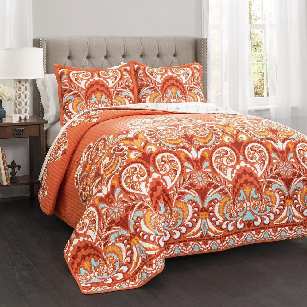 Lush Decor Clara quilt, cotton, turquoise and tangerine, Full/Queen Duvets and quilts Naty Shop Orange King