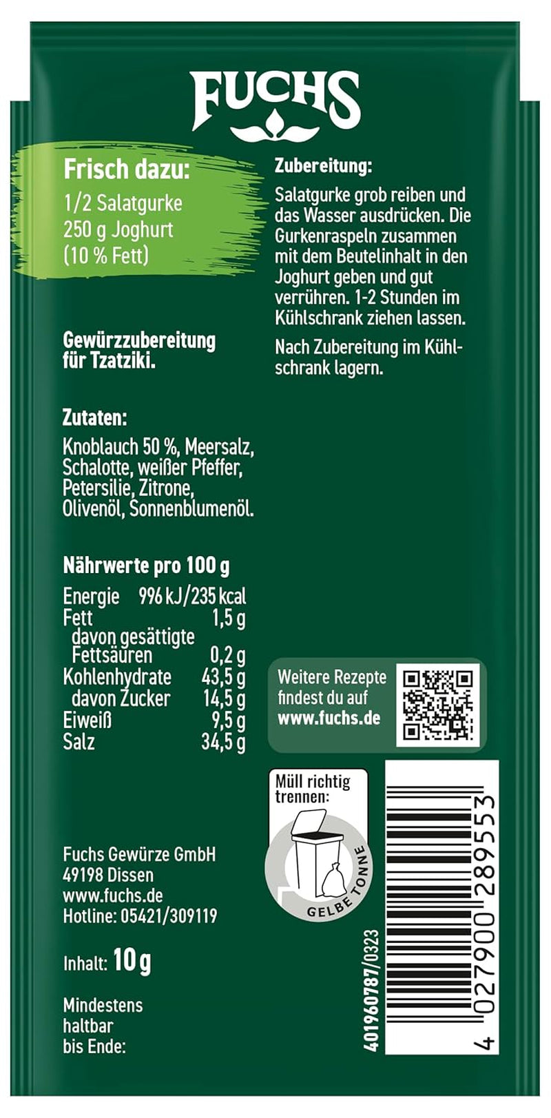 Fuchs Gewürze - Let's dip! Tzatziki Gewürzzubereitung, Gewürz für die Zubereitung von griechischem Tzatziki, 10 g in the bag