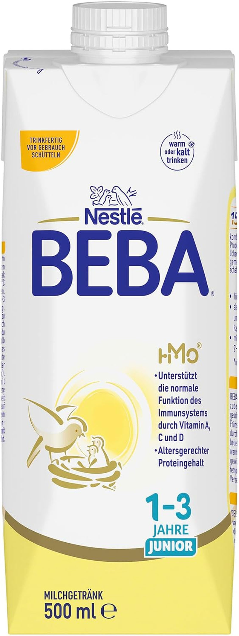 BEBA Junior Ready-to-Drink Milk Drink 1-3 Years, With HMO, Age Appropriate Protein Content, Palm Oil Free, Fish Oil Free, Toddler Food, Pack of 12 (12 x 500ml)
