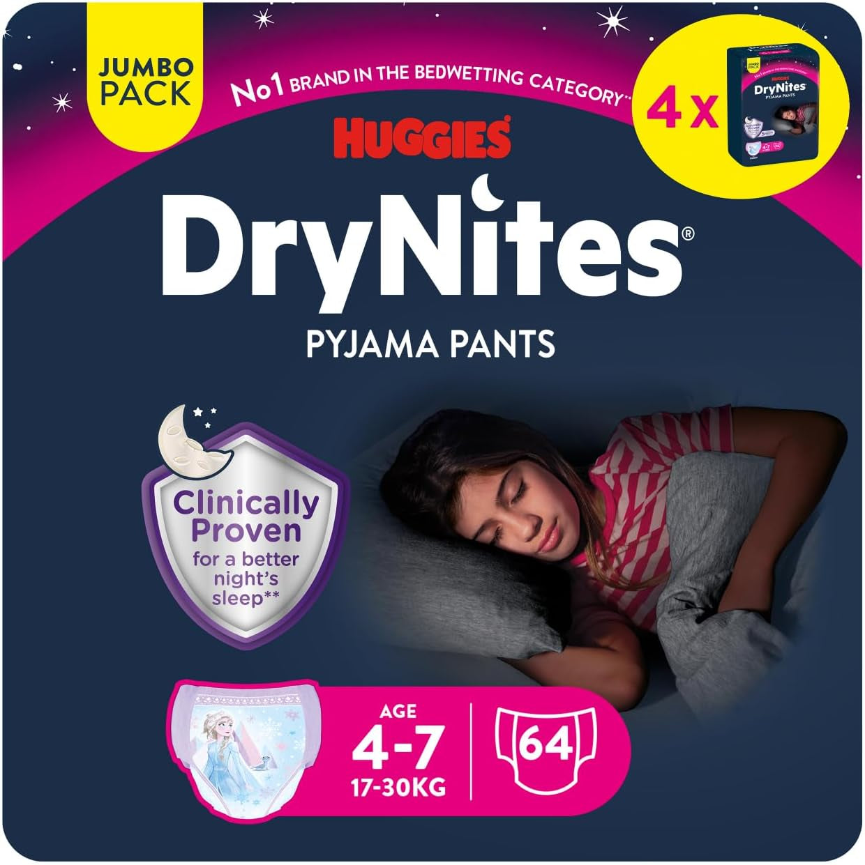 Huggies DryNites Super Absorbent Nighttime Diapers for Girls 4-7 Years, 4 x 16 Panty Diapers (64 Count), Monthly Pack