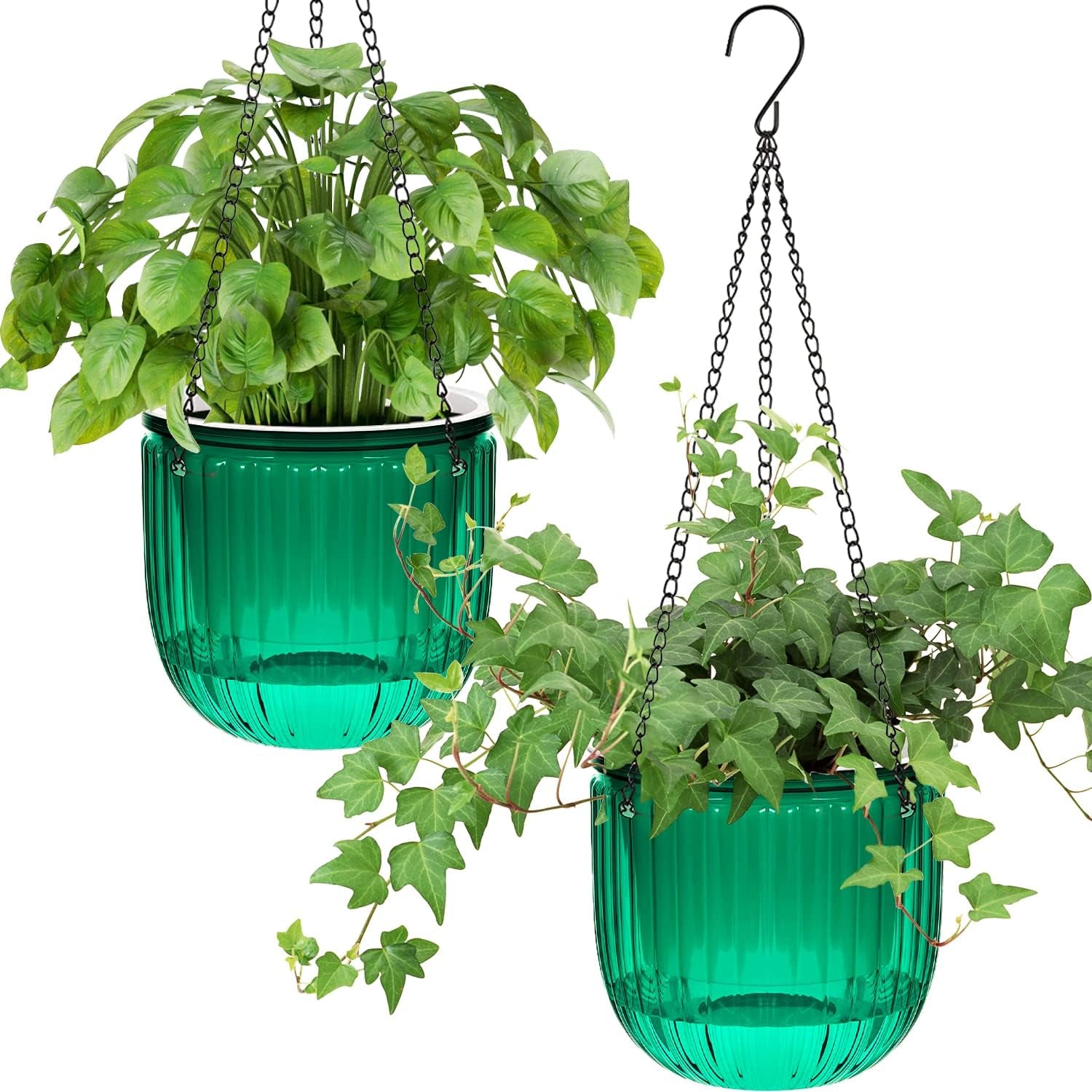 Set of 2 Self-Watering Hanging Planters, 16.5cm Indoor Hanging Flower Pot with 3 Hooks and Drainage Holes for Indoor and Outdoor Use, Ceiling, Balcony and Wall Decoration (Grey)