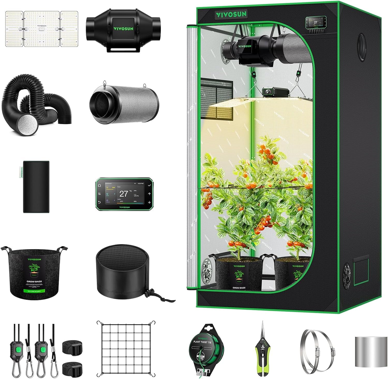 VIVOSUN Smart Grow Tent Full Set 60x60x120cm, integrated WiFi automatic grow system with 100W full spectrum LED light and efficient ventilation system with GrowHub E42A+ controller
