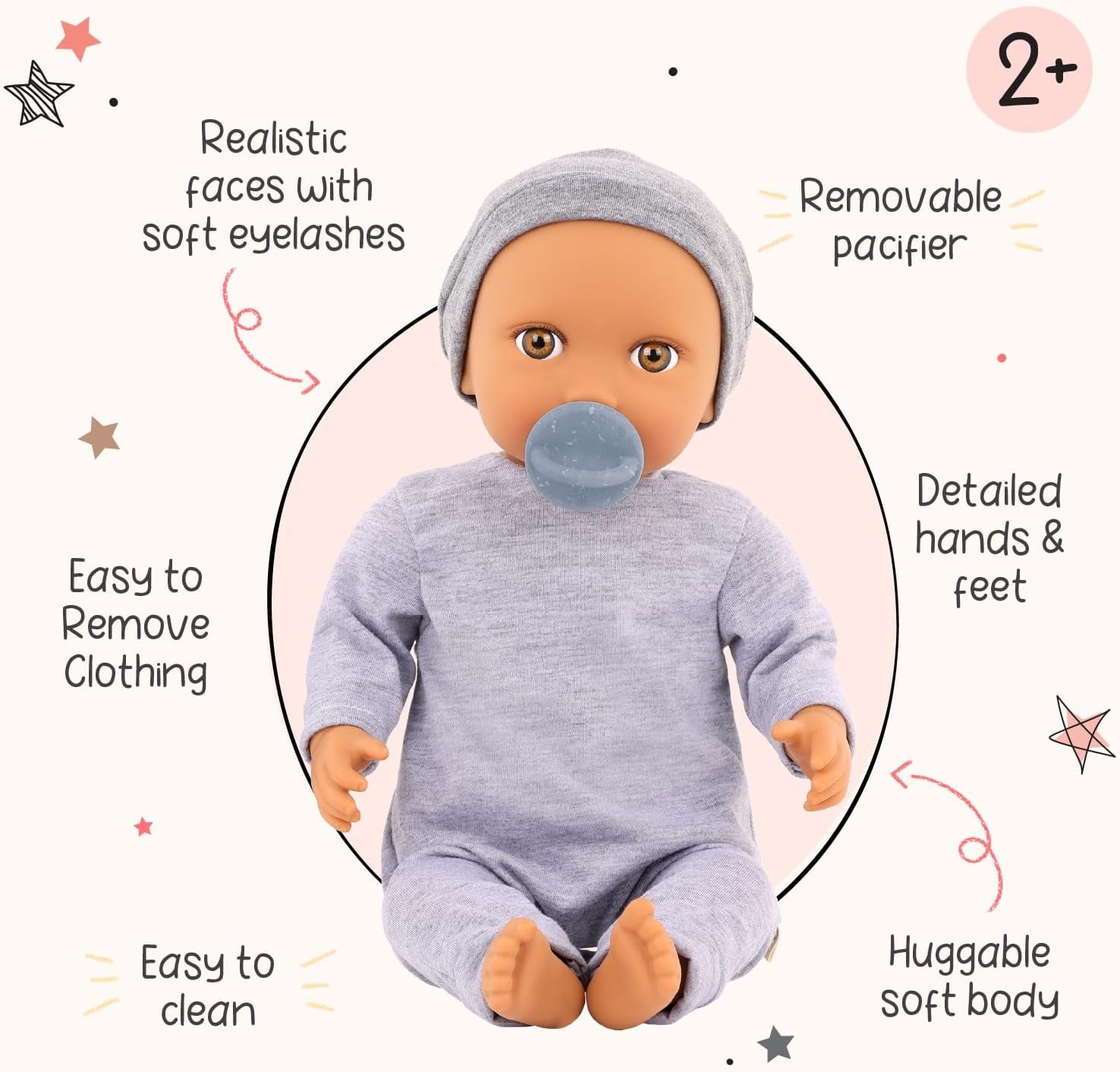 LullaBaby - Baby Puppe - Einteiler & Mütze - 36 cm Realistic Baby-Puppe - Hazelnut Brown Eyes & Soft Body - Romper & Schnuller-Zubehör - Pretend Play Spielzeug - Kinder 2 Jahre +
