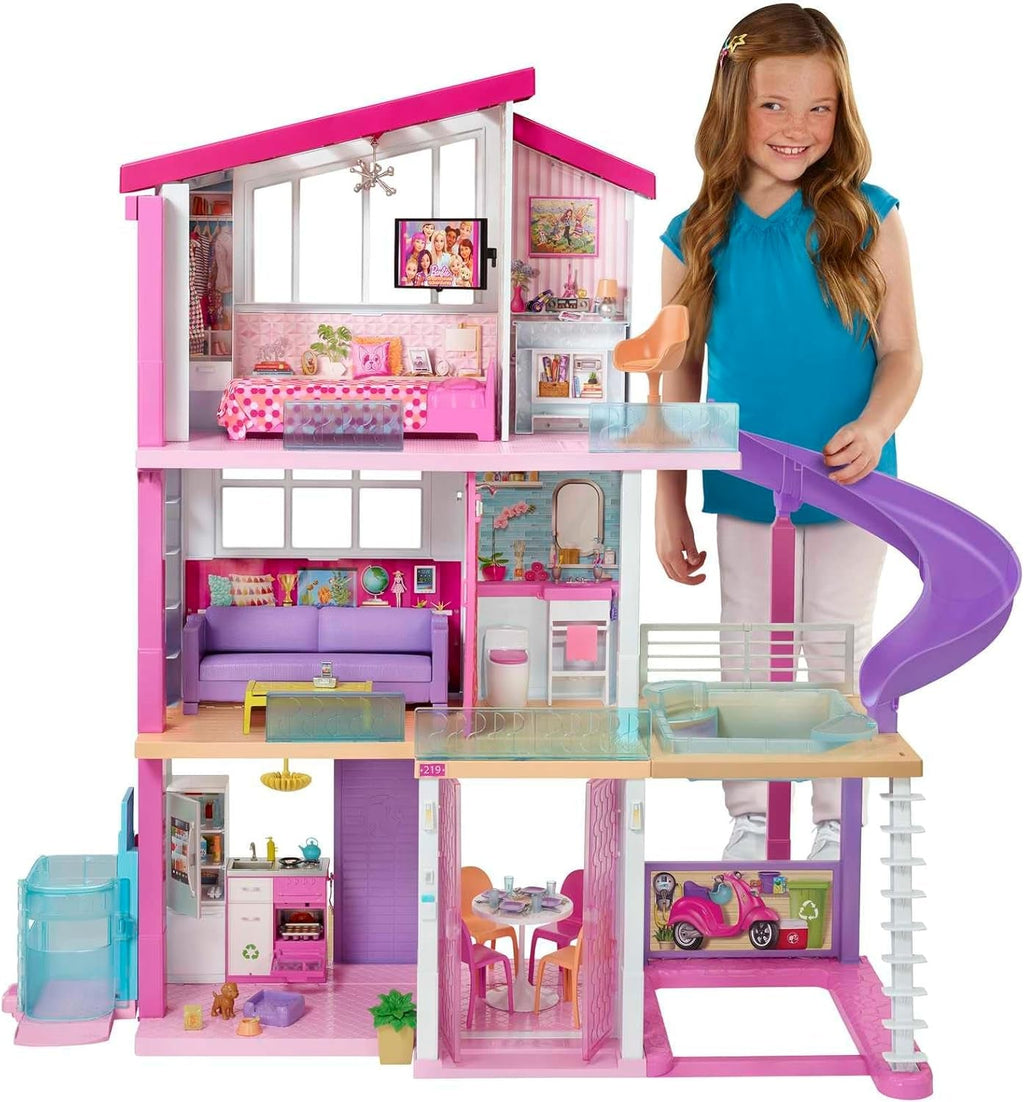 Barbie Dollhouse, Dream Villa Doll, complet mobilată, 3 etaje, 8 camere inclusiv piscină, tobogan și lift, 70 de accesorii, jucării de la 3 ani, GNH53 Casute de papusi Naty Shop Casa de vis Barbie