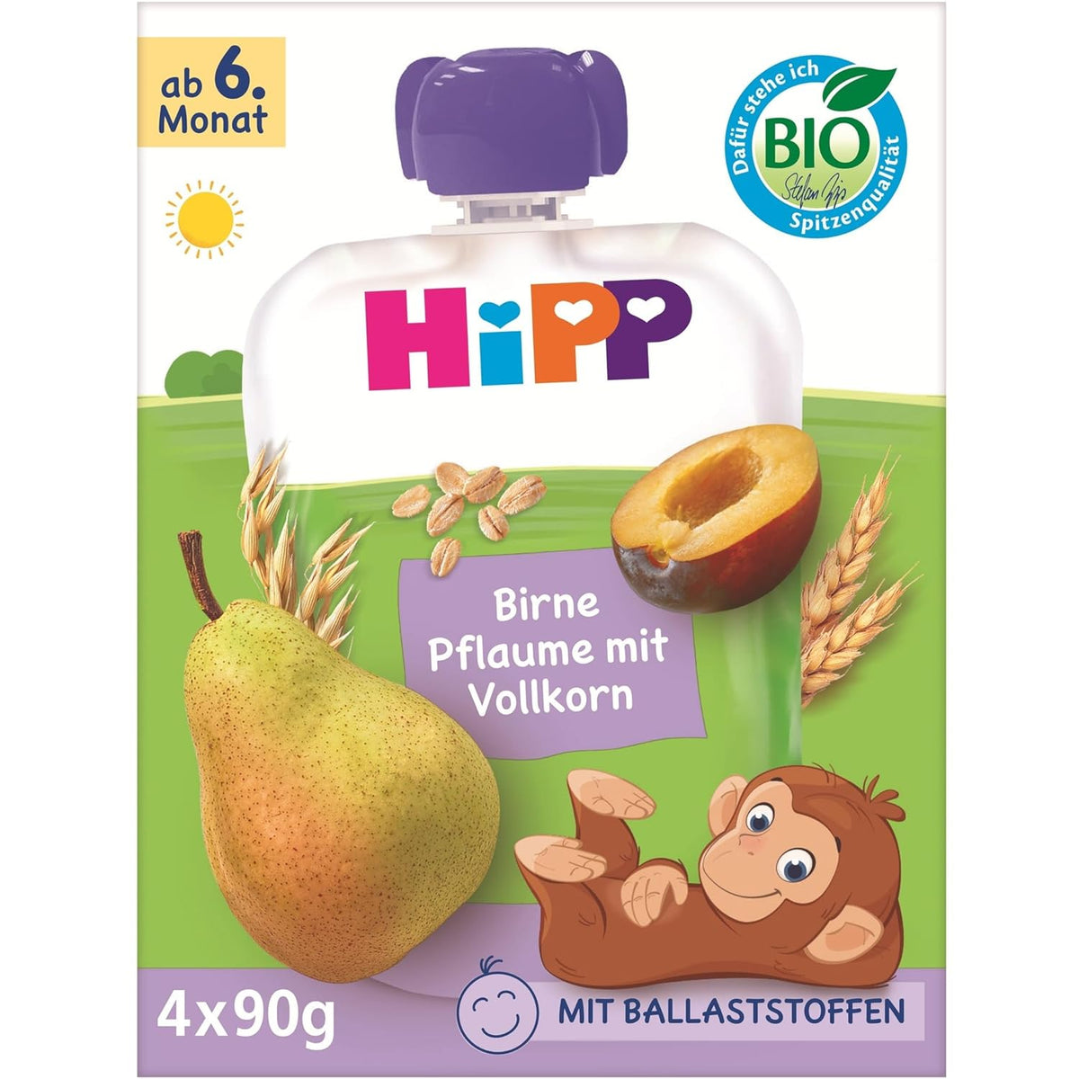 HiPP Organic Pear and Plum Sachets, Whole Grain, 16 Pieces (4 Packs of 4 x 90g Each), for Babies from 6 Months, No Added Sugar, Vegan, Best Organic Quality