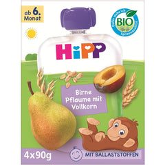 HiPP Organic Pear and Plum Sachets, Whole Grain, 16 Pieces (4 Packs of 4 x 90g Each), for Babies from 6 Months, No Added Sugar, Vegan, Best Organic Quality
