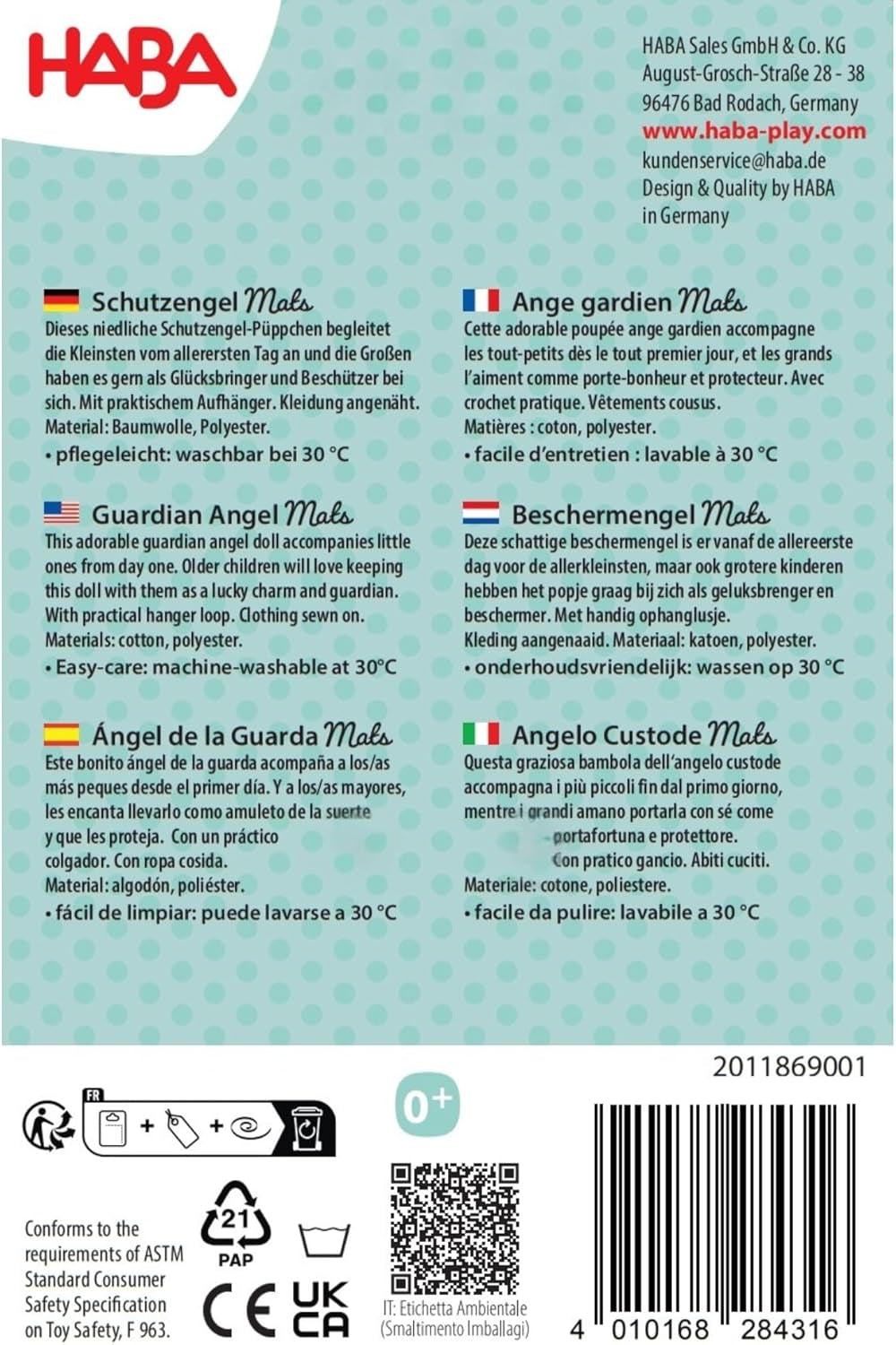 Covorașe HABA Înger Păzitor – Păpușă din material textil drăguță (15 cm), cadou ideal de bun venit pentru bebeluși și copii mici – Lavabil la 30 °C – 2011869001