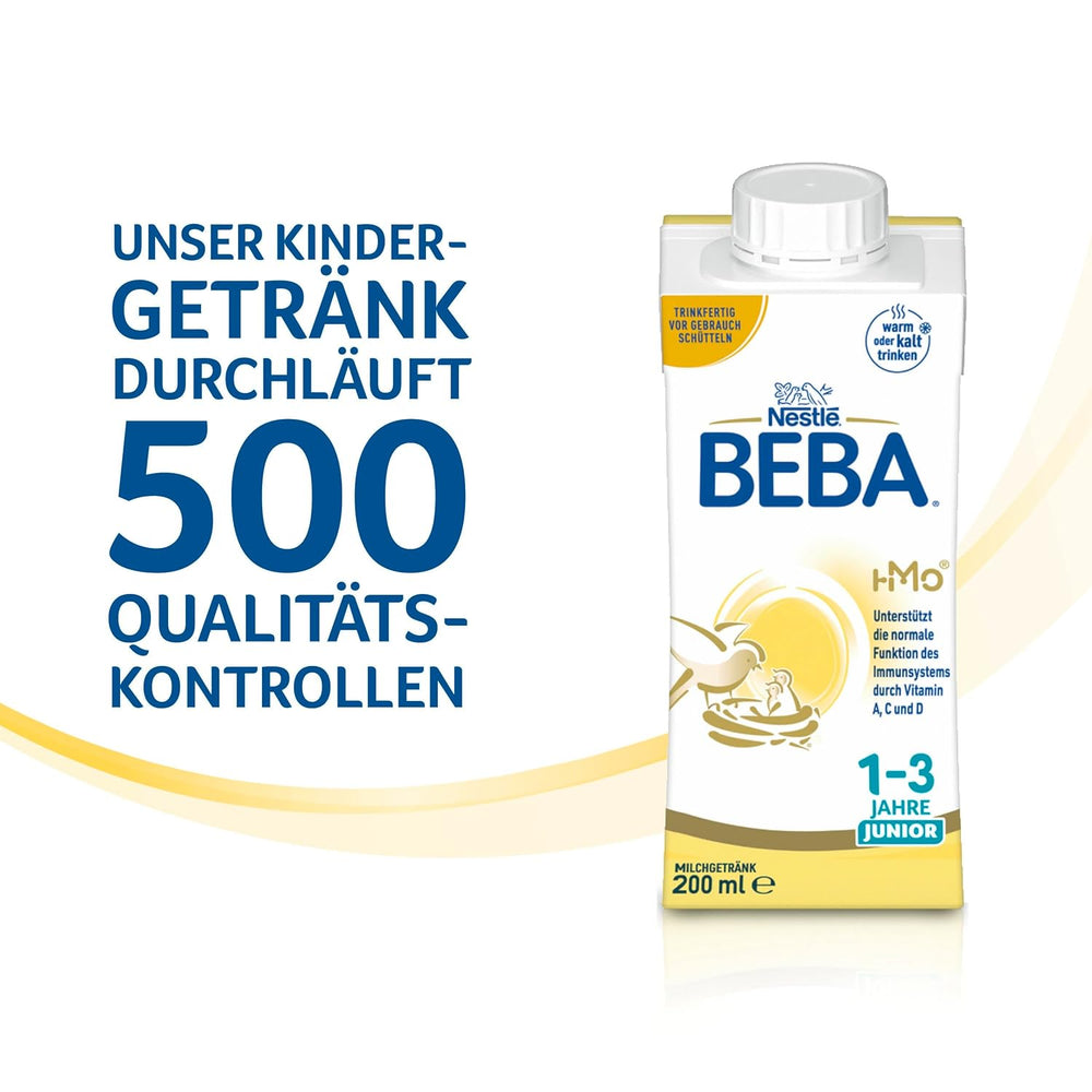 BEBA Junior Ready-to-Drink Milk Drink 1-3 Years, With HMO, Age Appropriate Protein Content, Palm Oil Free, Fish Oil Free, Toddler Food, Pack of 6 (6 x 200ml)