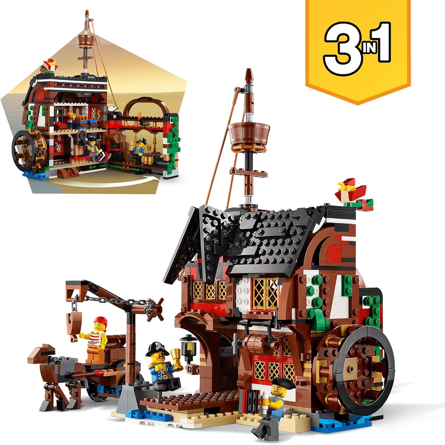 LEGO Creator 3-in-1 Pirate Ship Set, Toy with 3 Build Options, Build a Pirate Tavern or Skull Pirate Island, Includes 3 Role-playing Adventure Minifigures 31109 Building Sets Besuche den LEGO-Store