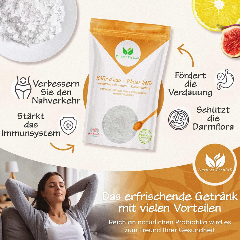 Natural Probio® Wasserkefir, Kefirpilz, Japankristalle, Kefirknollen, Starter Set + Anleitung, Rezept, Tipps, E-Book & Rezeptbibliothek + Kundenservice auf Lebenszeit (10g dehydrated/60g rehydrated)