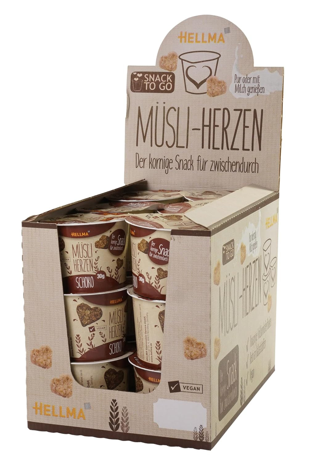 HELLMA Hearts with Muesli and Chocolate - 18 servings, 30 g each - Oatmeal covered with chocolate in the shape of a heart, takeaway cups
