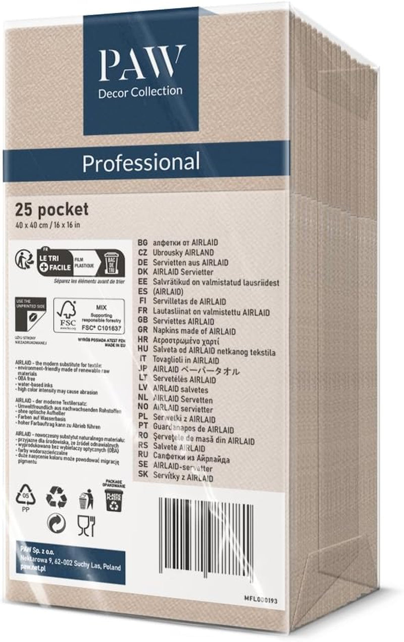 PAW - Șervețele pentru tacâmuri Airlaid - Fabric-like (1/8 fold) | 25 bucăți | Ideal pentru nuntă, botez, comuniune, aniversare | Saci de șervețele pentru tacâmuri | Bej