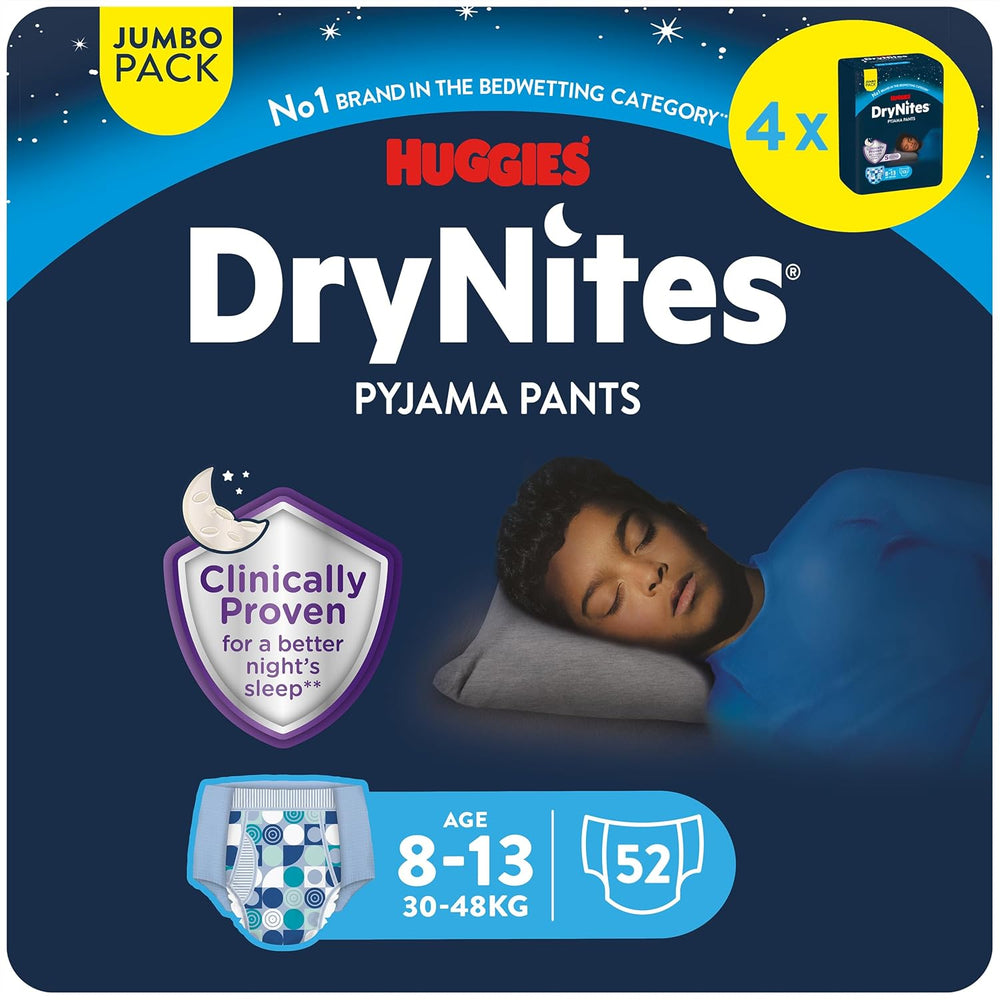 Huggies DryNites Super Absorbent Night Wetting Diapers for Boys 8-13 Years (30-48kg) 27 Count (3 x 9 Count) Panty Diapers
