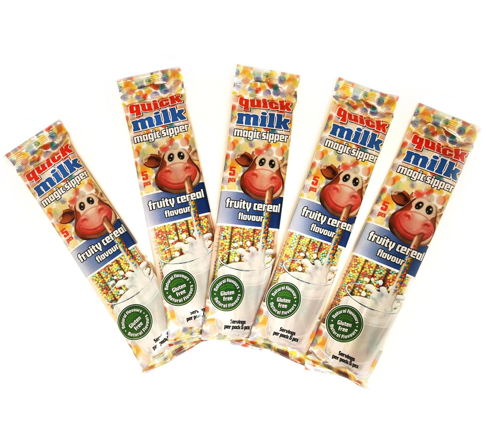 QUICK MILK Fruity Cereal - Strohhalme für Milch mit Getreide und Früchten, 5 Packung je 5 Trinkhalme (25 Halme)