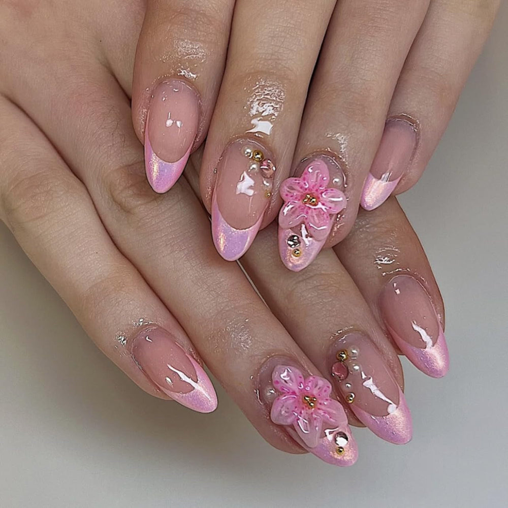 Mouyouglow 30 bucăți unghii false scurte, model floral cu dungi albe, culoare nud, model francez 3D, cu flori Y2K, cu lipici pentru unghii, vârfuri albe, flori argintii ondulate, vară, INS, unghii artificiale