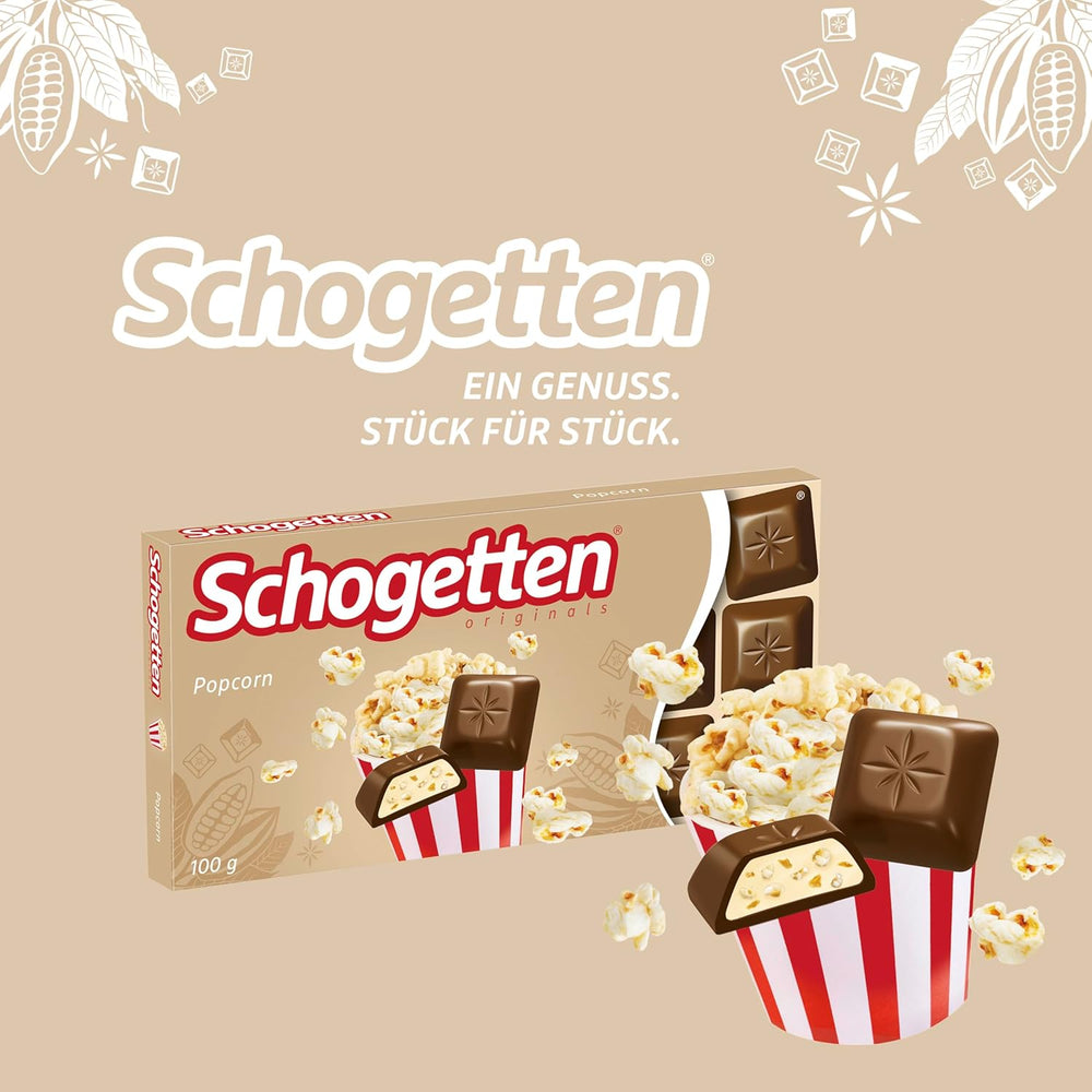 Schogetten popcorn 1 chocolate bar x 100g, milk chocolate with popcorn and pieces of corn, practical individual pieces. A delicacy. Piece by piece.