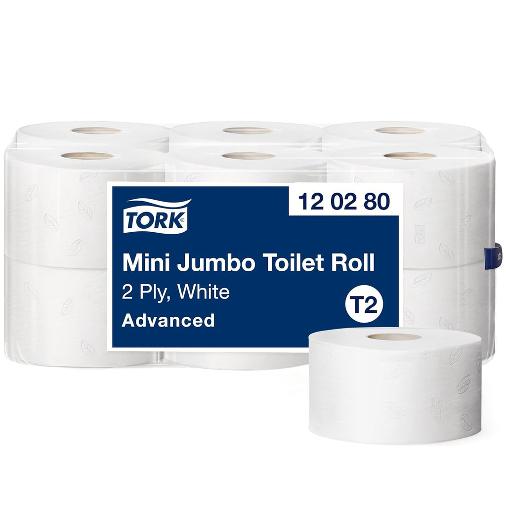 Tork 472102 Hârtie igienică Mini Jumbo în calitate avansată pentru sistemul de hârtie igienică Tork T2 Mini Jumbo / hârtie igienică 2 straturi în alb, 12 X900 coli